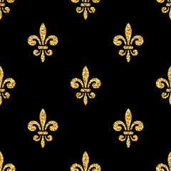 Golden fleur-de-lis seamless pattern. Gold glitter and black template. Floral texture. Glowing fleur de lis royal lily. Design vintage for card, wallpaper, wrapping, textile, etc. Vector Illustration. © alona_s