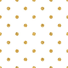 Polka dots seamless pattern. Gold glitter and white template. Abstract geometric texture. Golden circles. Retro Vintage decoration. Design for wallpaper, wrapping, fabric etc. Vector Illustration