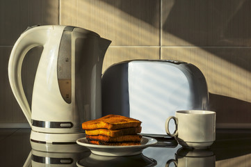 Kitchen appliances, kettle and toaster.