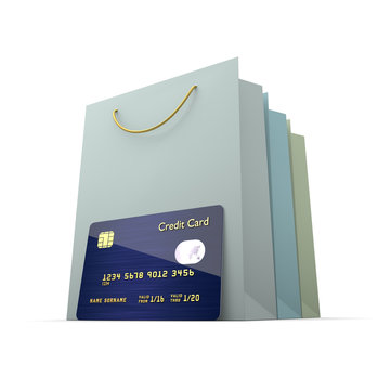 credit card with shopping bag isolated over white