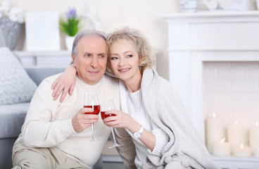 Happy mature couple drinking wine together at home