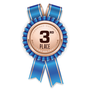 Bronze 3rd place rosette, badge with blue ribbon on white background 
