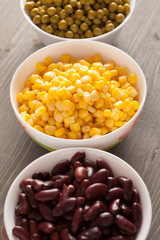 Canned beans, green peas and sweet corn