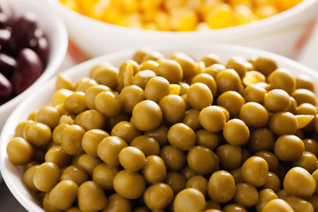 Green peas in a white bowl closeup