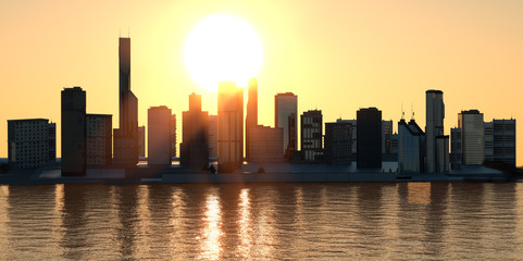 Fototapeta premium the stylized city of metropolis at sunsetd sea 3D render