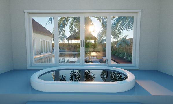 Interior With Jacuzzi Bathtub Against Panoramic Window With Tropical View 3D Render