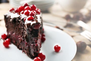 Piece of chocolate cake with cranberries on wooden background, closeup