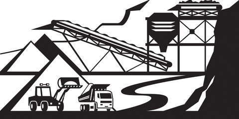 Open quarry for extraction of stone, gravel and sand - vector illustration