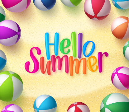 Beach ball Background with Hello Summer Text in the Sand for Summer Season. Vector Illustration
