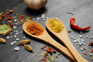 Different spices and spoons on wooden table