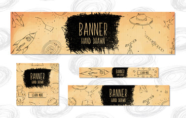 Web Banners for websites 4 different sizes in retro style hand drawn. Astronomical research and travel in space. Vector