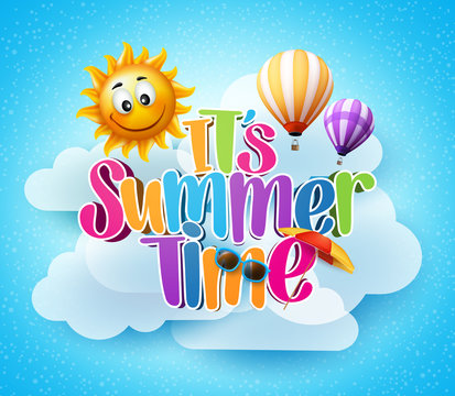 Summer Time Text in the Blue Sky Background with Clouds and Smiling Sun with Flying Balloons. Vector Illustration
