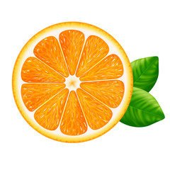 Orange fruit with leaves isolated on white background.