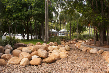 Tropical garden with rocks and stones for drainage at Southbank, Brisbane