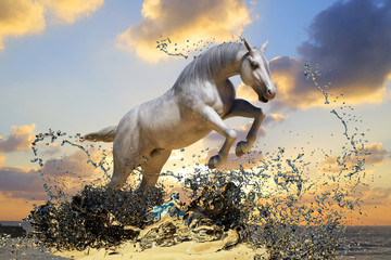 Obraz na płótnie Canvas white horse jumps out of the water on sunset background 3D render
