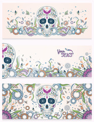 Banners of Dia de Muertos sugar skull with ornate on an abstract floral ornamental spring background. Day of The Dead