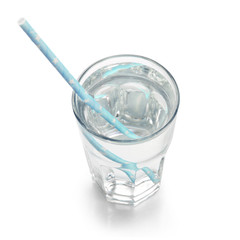 Glass of water with tubule isolated on white background, top view