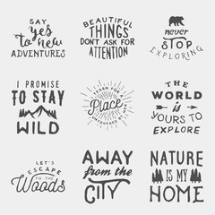 set of hand drawn wilderness, exploration quotes. artworks for wilderness
