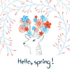 Sketchy deer with watercolor flowers. Spring vector illustration. 