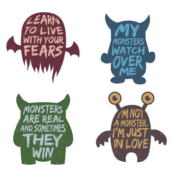 set of monster typography posters and quotes