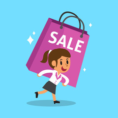 Cartoon businesswoman carrying big shopping bag