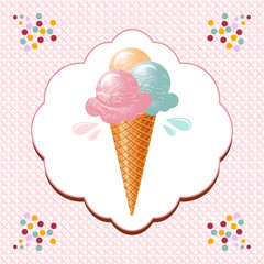 Ice cream cone,  ice cream scoop,  sundae. Vector illustration of ice cream on a vintage pink background waffles, decorated with caramel. The idea for the banner, brochures, flyers, labels