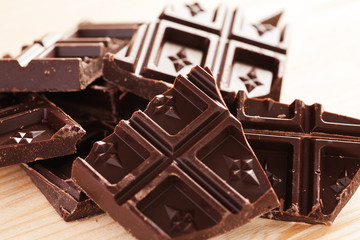 Pieces of dark chocolate on a wooden table
