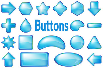 Set of Glass Blue Buttons, Computer Icons of Different Forms for Web Design on White Background. Eps10, Contains Transparencies. Vector