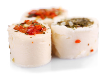 Cheese with spices, isolated on white