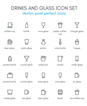 Drinks and glass line icon set.