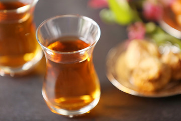 Glass of tea on table closeup