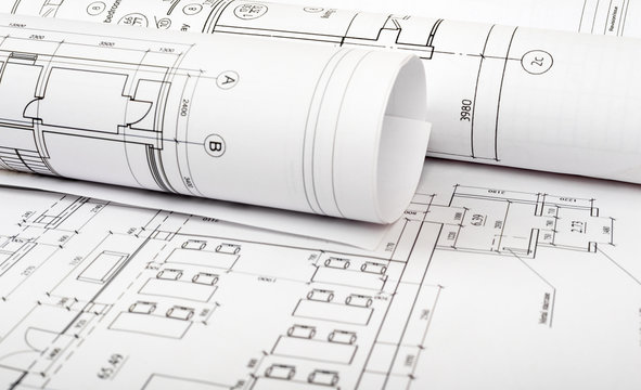 Architecture plan and rolls of blueprints