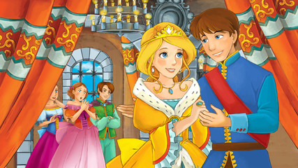 Cartoon happy royal couple in the castle - illustration for children