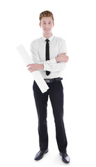 Professional engineer with blueprint, isolated on white