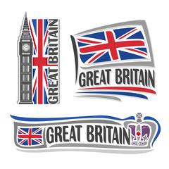 Fototapeta na wymiar Vector illustration logo for Great Britain, consisting of 3 isolated illustrations: vertical flag image with Big Ben, horizontal symbol of United Kingdom and the flag on background of British crown