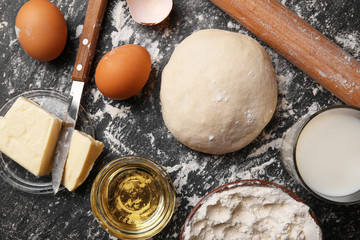 Fresh made dough and ingredients, close up