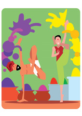 Holi festival, raster illustration. The traditional Indian festival. Bengali New Year. Holiday of spring and nature.