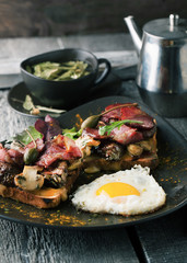 Toast with bacon and beef cutlet with cheese