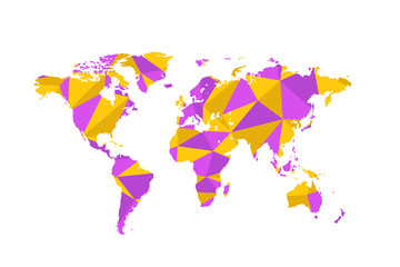 Fototapeta na wymiar Violet and yellow triangulated world map on white