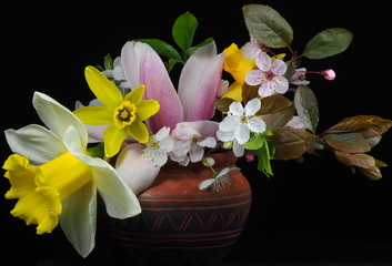 bouquet of spring flowers and blossoms in a terracotta pot with a black background