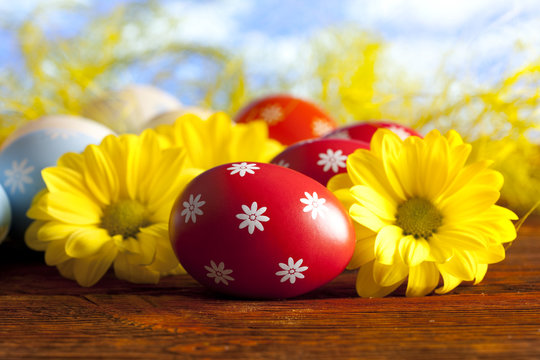Red Easter eggs and yellow flowers on nature background