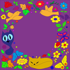 Fototapeta na wymiar painted birds and flowers pattern on a purple background