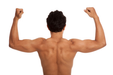 Back of muscular Asian man flexing biceps