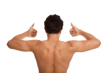 Back of muscular Asian man flexing biceps show thumbs up