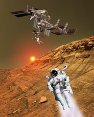 Astronaut spaceman suit planet Mars jet pack jetpack space landscape. Elements of this image furnished by NASA. - 105844107