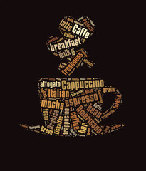 Coffee word cloud, words related to coffee in shape of coffee mug