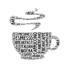 Coffee word cloud, words related to coffee in shape of coffee mug