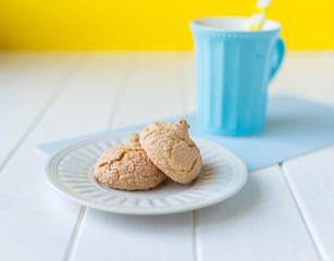 Chocolate chip cookies with milk rustic wooden table