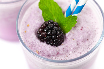 Blackberry Yogurt Smoothie Isolated on white. Selective focus.