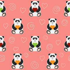Seamless pattern with pandas with hearts in cartoon style